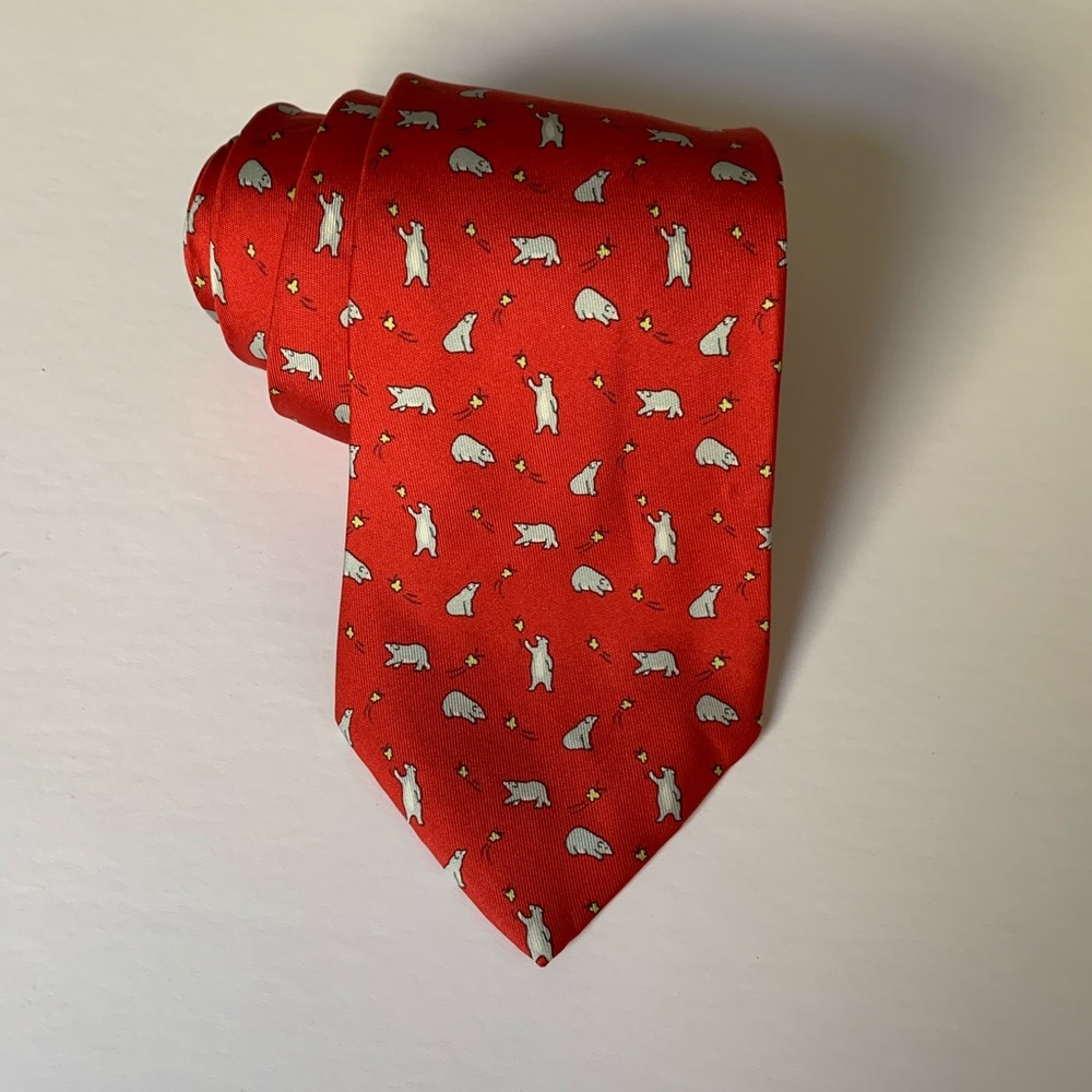 Authentic French handmade Hermes silk tie in red with white polar bear print